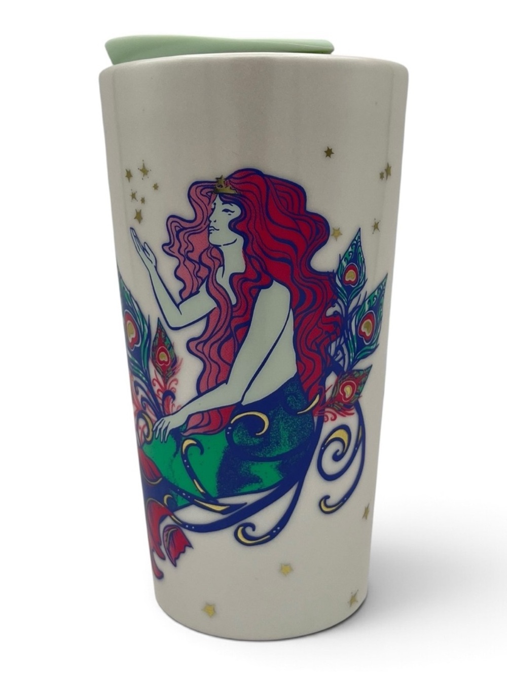 Starbucks Ceramic Mermaid Travel Tumbler - White with Green and Red Artwork